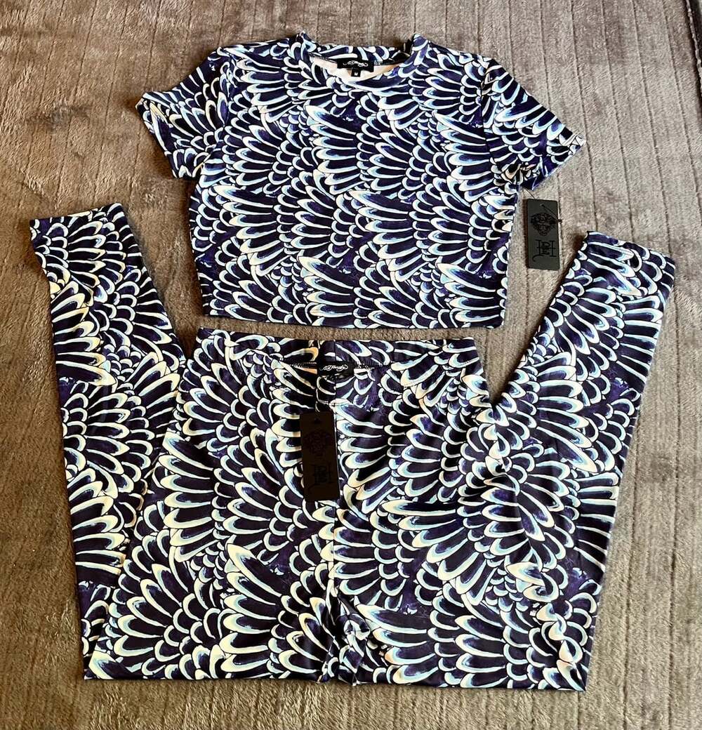 Ed Hardy 2 PC Matching Set Size M Blue Feathered Graphic Top + Leggings NWT